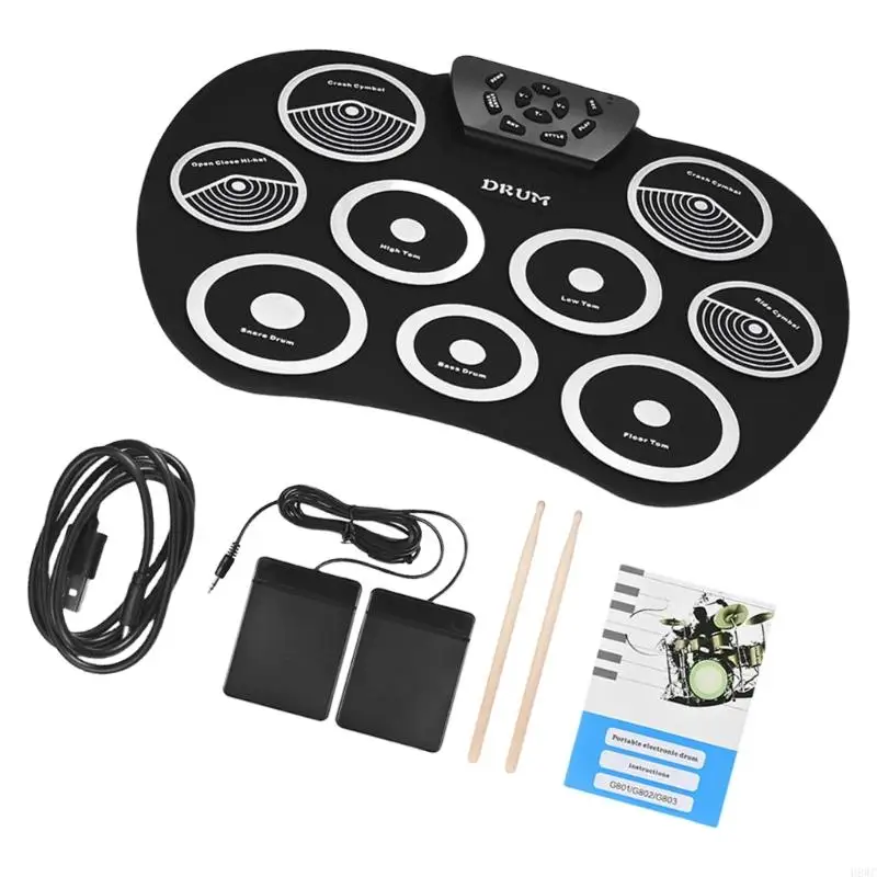 H8WC Electric Drum Set 9 Drums Kids Practice Pad Electronic Drum Set with Built in Speakers, Sticks, Headphone Out