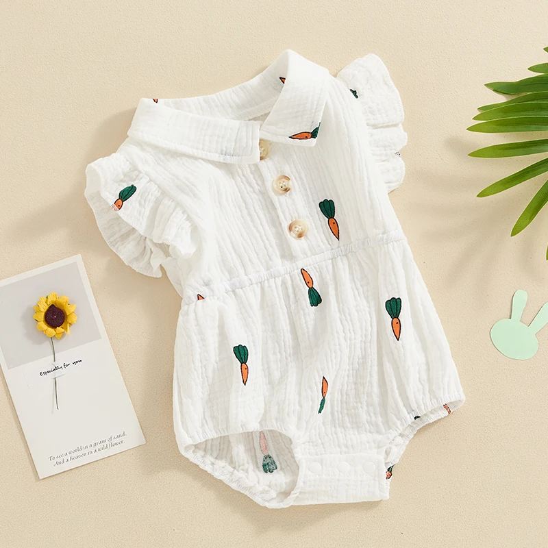 

Baby Girl Summer Romper Fly Sleeve Carrot Print Button Front Bodysuit Newborn Playsuit