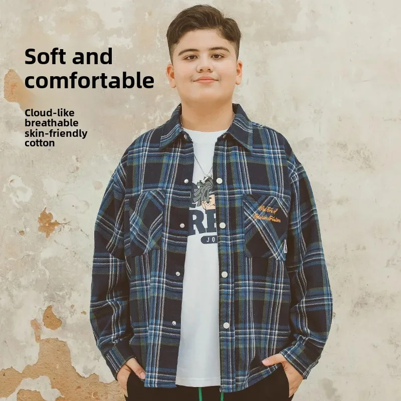 Plus Size Boys Long Sleeve Shirt Autumn New Plaid Base Layer Shirt for Big Kids Toddler Boy Clothing Chinese Brand AE Stock