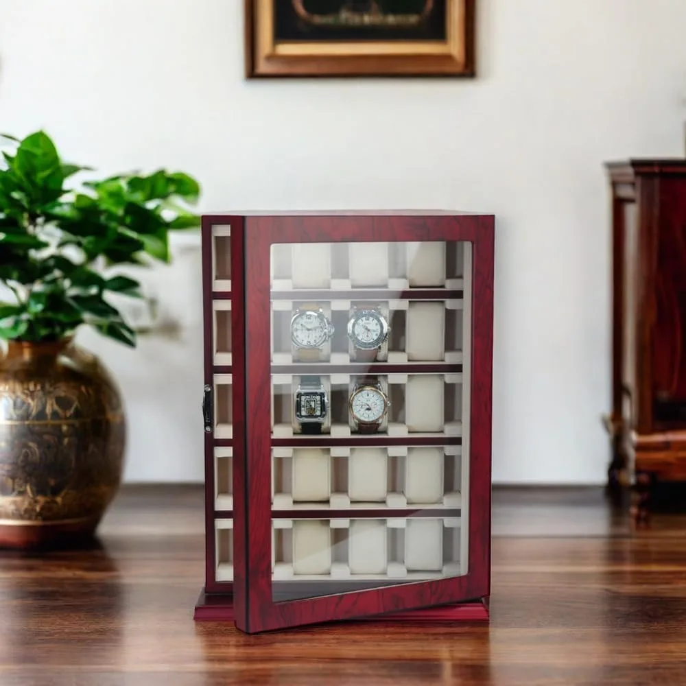 20 piece cherry wood watch display wall hanging case and storage organizer box and stand for oversized watches
