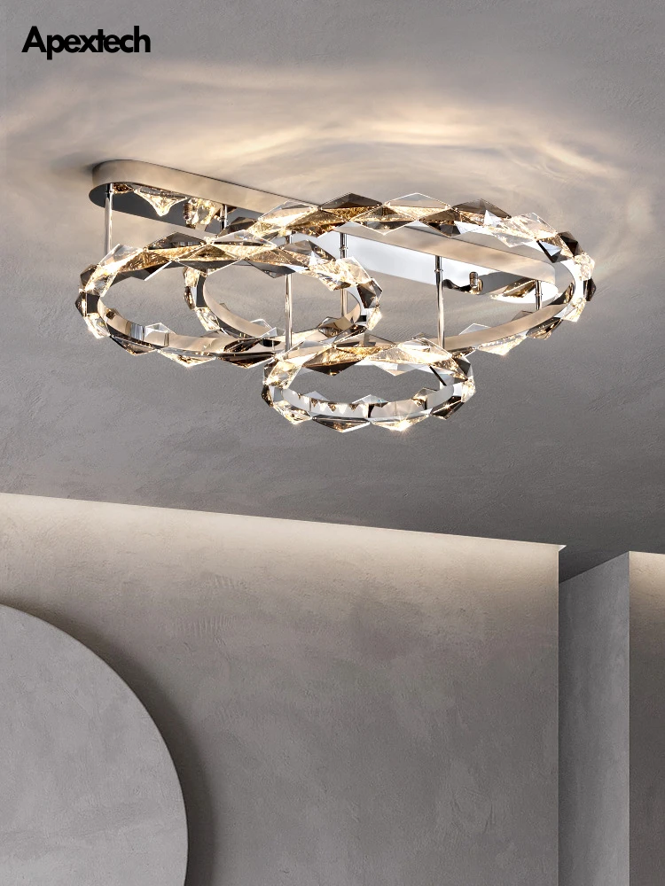 

Rhombic Crystal Circular Chandelier Chrome Plated Metal Ceiling Mounted Lights Modern Luxury Home Deco Lighting Living Room Lamp