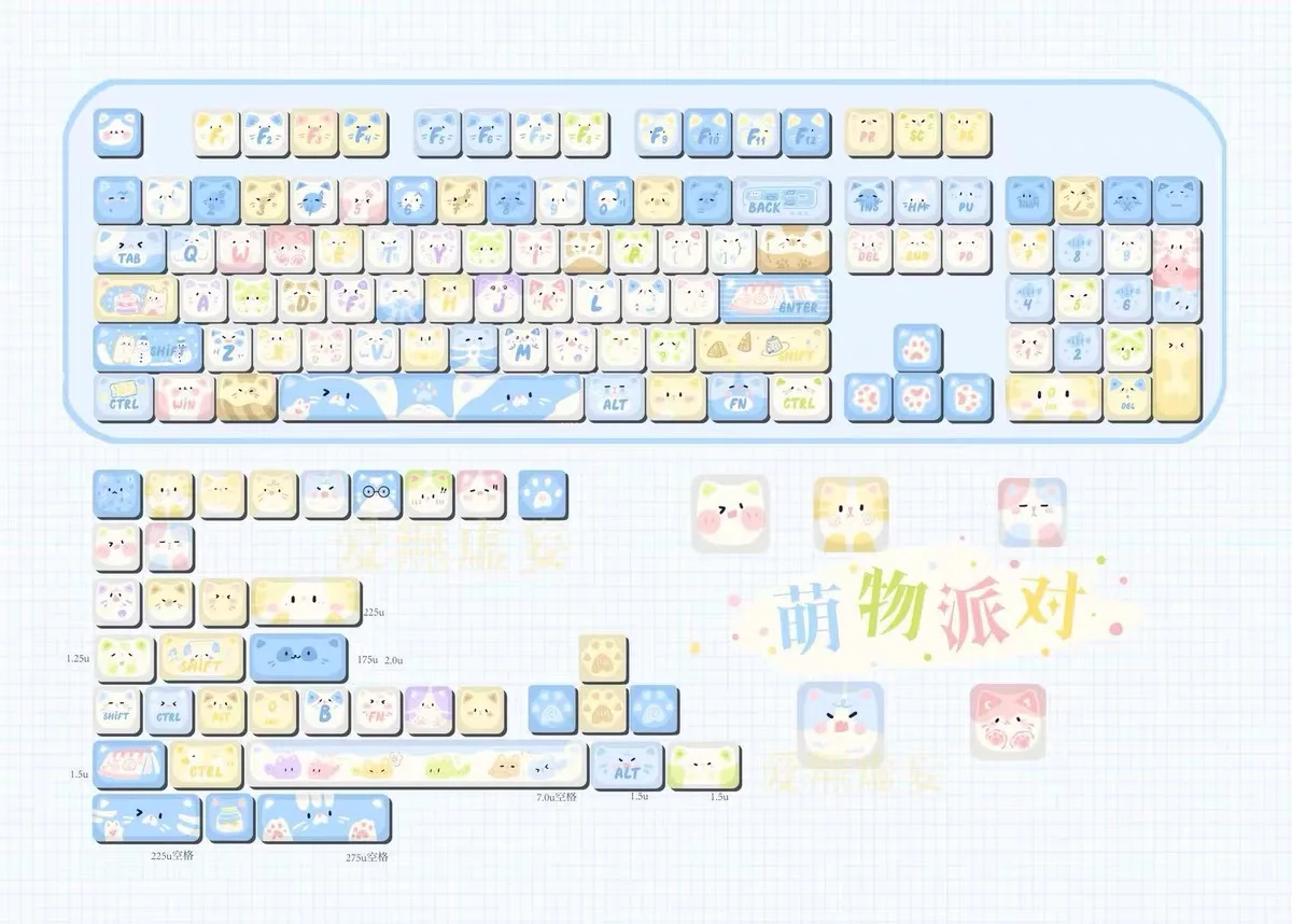 Cute Cat Mao Keycaps para Teclado Mecânico Keycaps Quadrados Sublimação Térmica Pet Party Alice 2.25 u 2.75u 142 Chaves Novo - Imagem 2