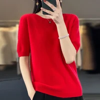 100% Merino wool women's O neck knitted T-shirt Korean pullover short sleeve sweater women's basic solid color half sleeve women - Image 6