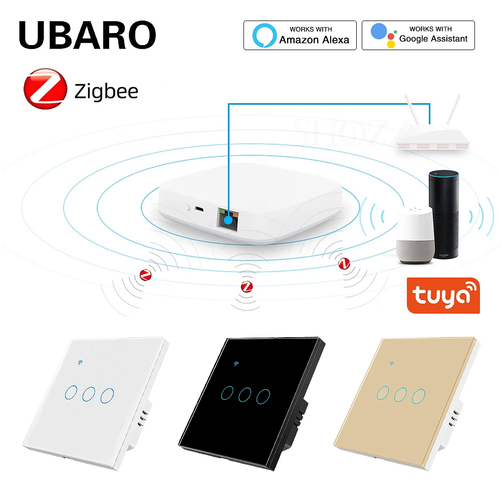 UBARO EU Standard Zigbee Smart Wall Touch Switch 220V LED Backlight Glass Panel Works With Google Home Tuya Alexa Voice Control
