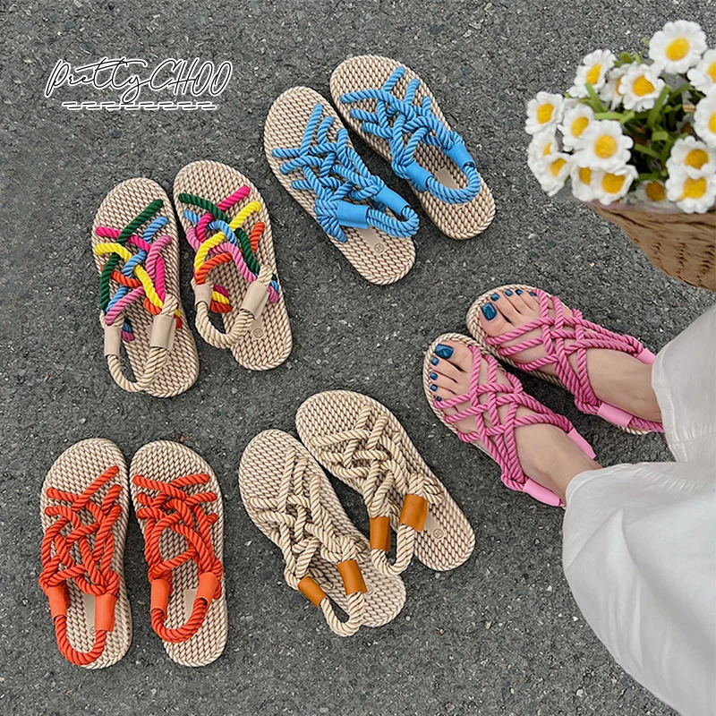Rainbow Color Rope Sandals Woman Retro Weaved Fishman Sandalias Ladies Sea Blue Beach Slippers Handmade Bohemian Straw Shoes
