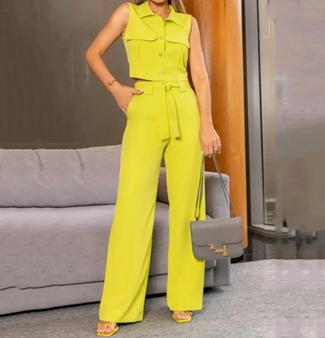 Spot Female 2023 New Hot Spring Office Polo Sleeveless Top Fashion Loose Wide Leg Pants Set