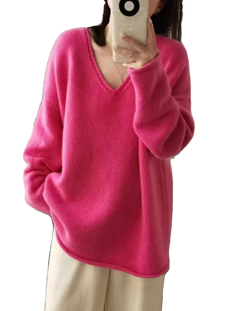 Cashmere sweater Women's V-neck drop shoulder loose Pure Wool cashmere sweater women sweater
