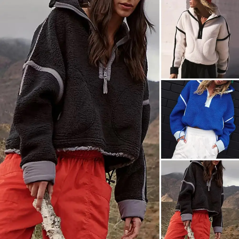 

Color Matching Sweatshirt Cozy Color Matching Patchwork Sweatshirt with Plush Lining High Collar for Women Warm Winter Pullover