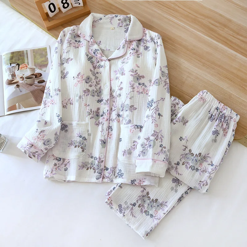 2024 New Spring and Autumn Women's Pajama Set 100% Cotton Crepe Cloth with Chest Pads Long Sleeve Two Piece Sweet Home Fury