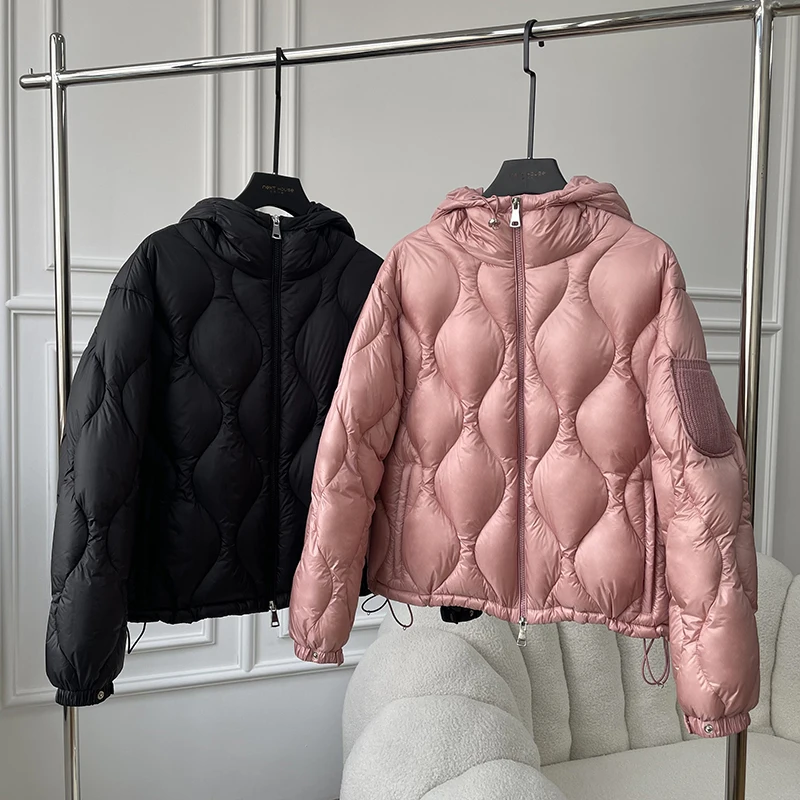 Winter Pink 90% White Duck Down Coat Women Elegant Hooded Puffer Jacket Luxury Ladies Knit Pockets Parkas 2023 Warm