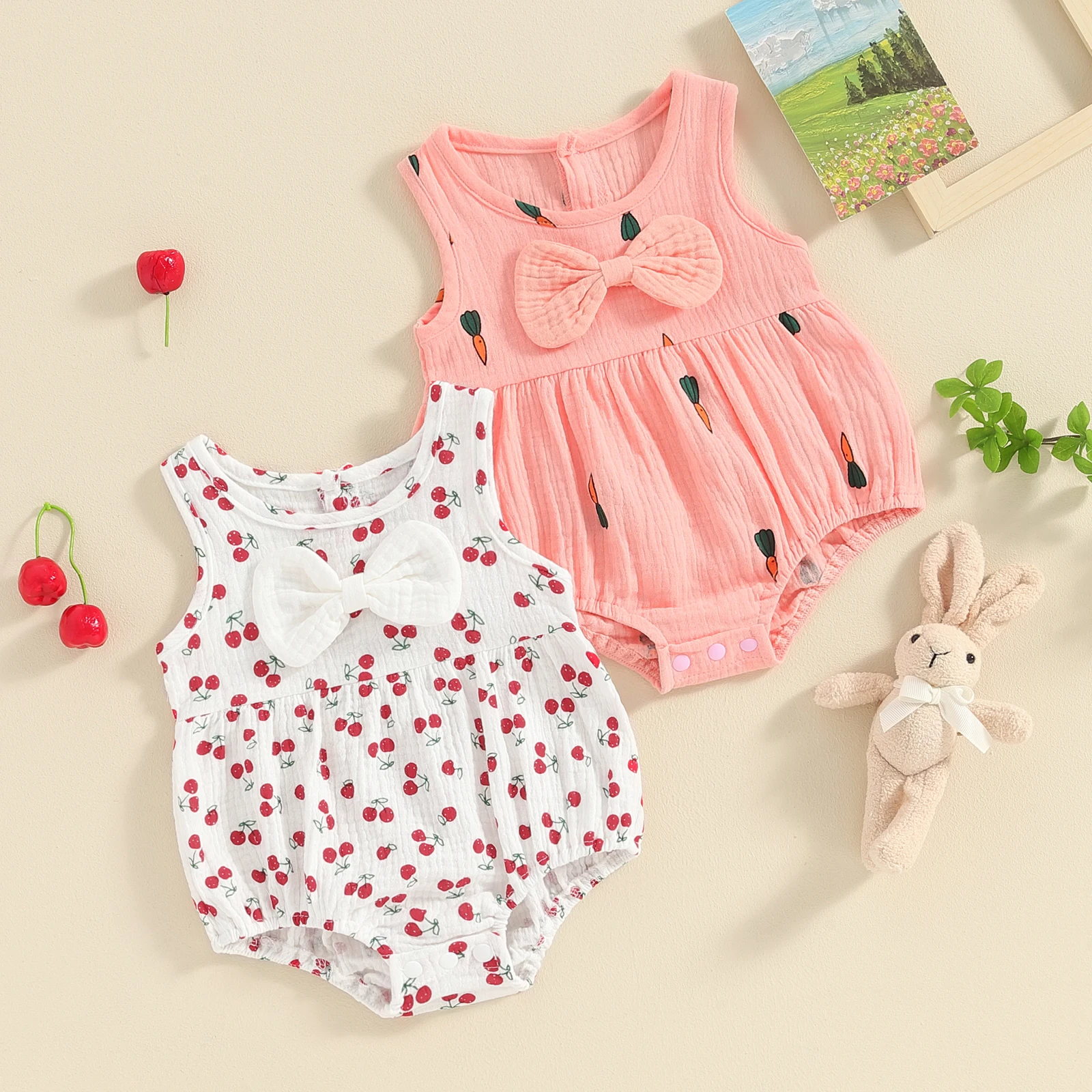 

Повседневные Комбинезоны для маленьких девочек с принтом вишни/моркови, боди без рукавов с круглым вырезом и бантом для младенцев, летние комбинезоны, одежда