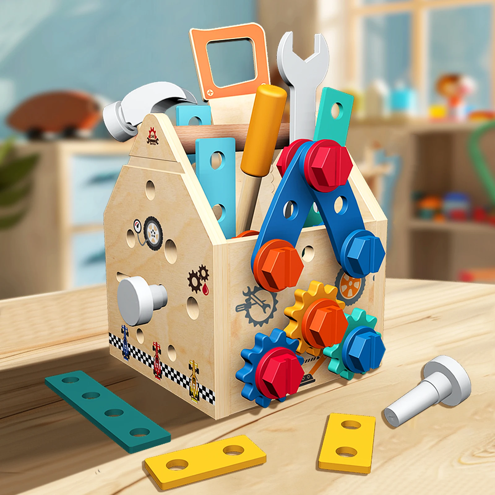 Kids Wooden Tool basket Pretend Play Set Nut Disassembly Screw Assembly Simulation Repair Carpenter  Montessori Education Toys 3