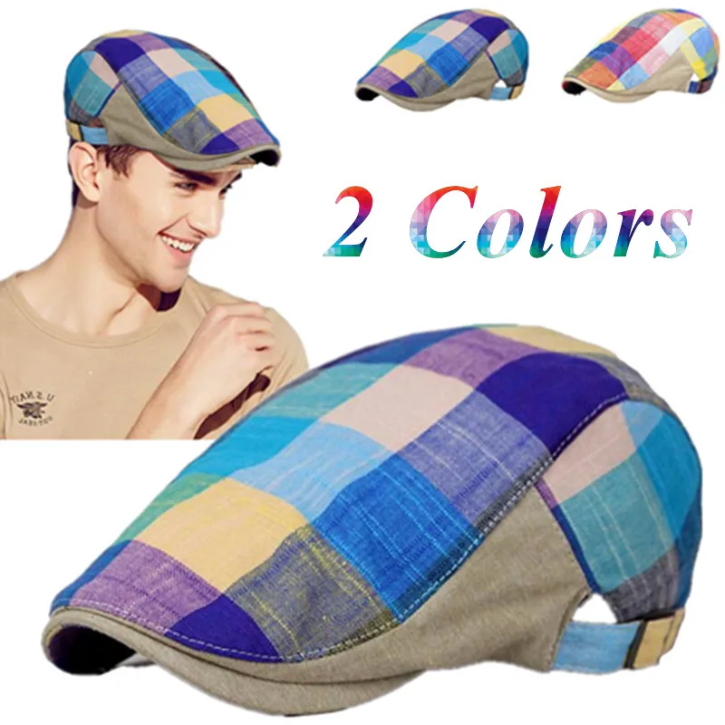 

2 Colors Classic Summer Duckbill Visor Grid Caps Newsboy Beret Hat Adjustable Unisex Cotton Blend Flat Hat Outdoor Berets Hats