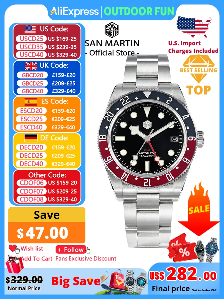 San Martin 39mm NH34 GMT męski luksusowy zegarek dwukierunkowy aluminiowy bezel automatyczny mechaniczny szafirowy 100M wodoodporny SN0109 - AliExpress 1511