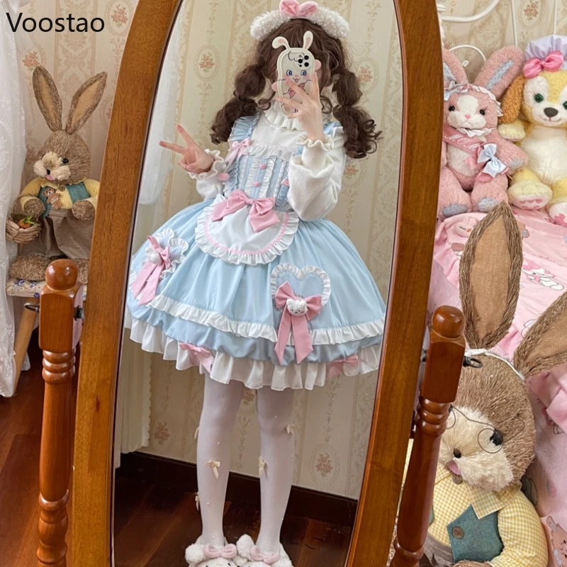 Japanese Sweet Lolita Jsk Dress Women Cute Blue Pink Bow Bear Lace Ruffles Sleeveless Dress Girls Kawaii Tea Party Mini lolita dress lolita suspender dress lolita cosplay costumes