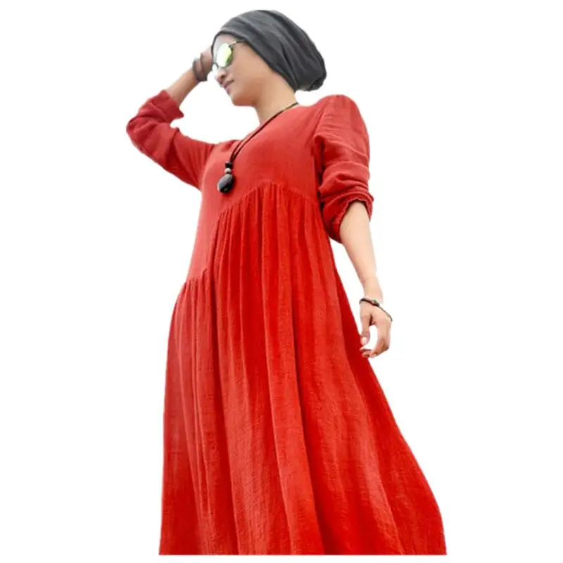 

2024 Summer Autumn Casual Dress O-neck Cotton Linen Maxi Dress Vintage Elegant Loose Dresses Plus Size Women Clothing Elegant