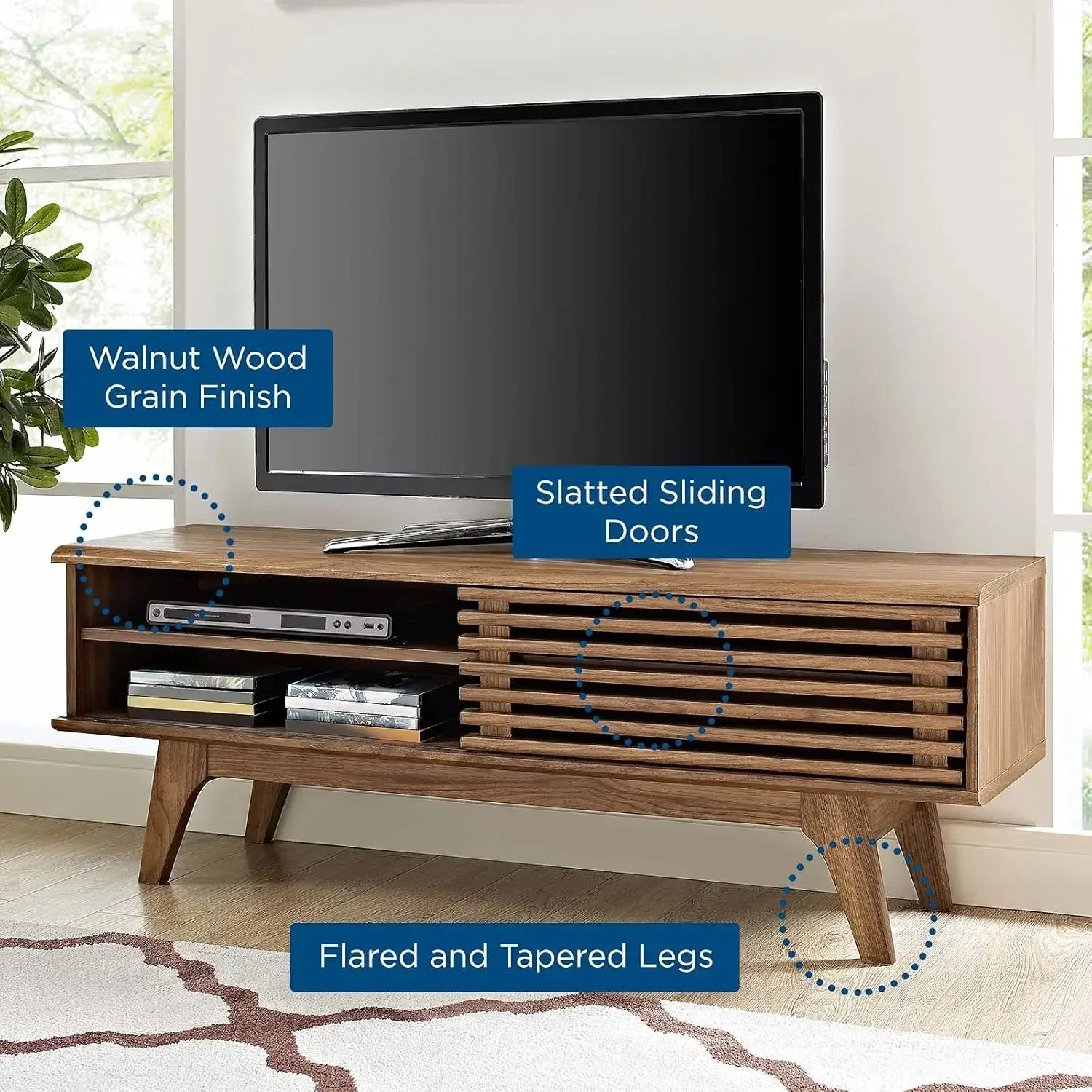 New2025-Render 48" Mid-Century Modern Low Profile Media Console TV Stand, 48 Inch, Walnut