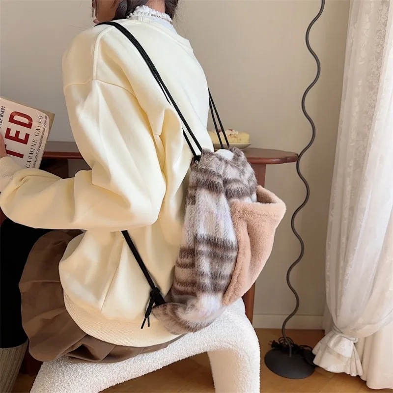 Handbag Large Capacity Student Casual Shoulder Bag Drawstring Woolen Fabric Plaid New Classic Commute All-match Purse Backpack