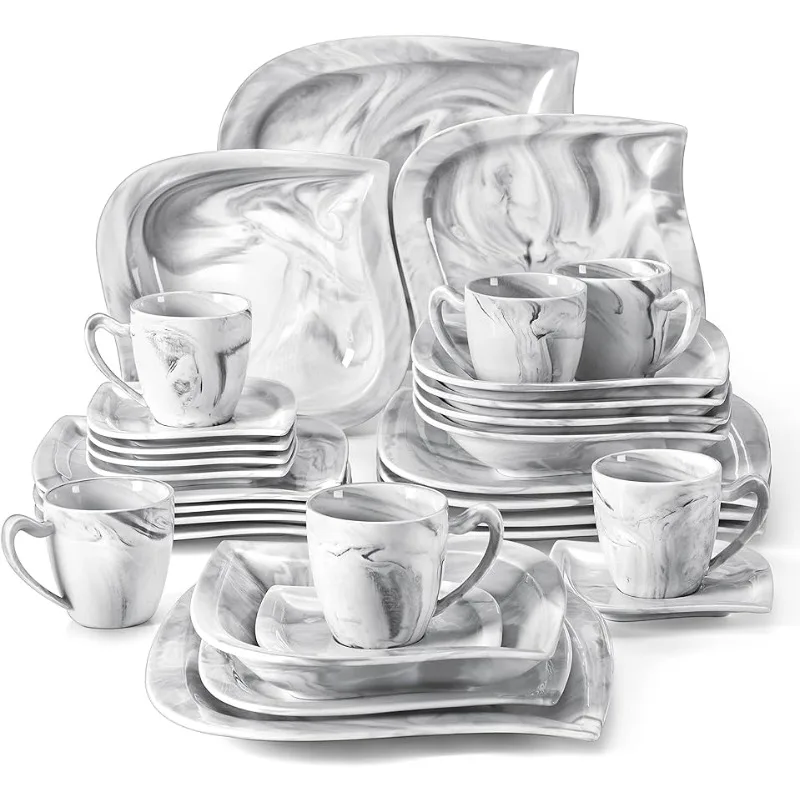 

MALACASA Plates and Bowls Sets 30-Piece Porcelain Square Dinnerware Sets Marble Dish Set with Dinner Plates Set Cup and Saucer