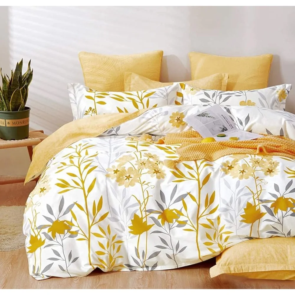 

600 Thread Count Cotton Grey Branch with Yellow Flower & Grey Leaves Pattern Orange Reversible Comforter Set, Bedding Set 3Pcs