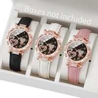 3pcs/set Women Fashion Leather Strap Heart-shaped Dial Quartz Watch for Ladies Black White Pink Set 1