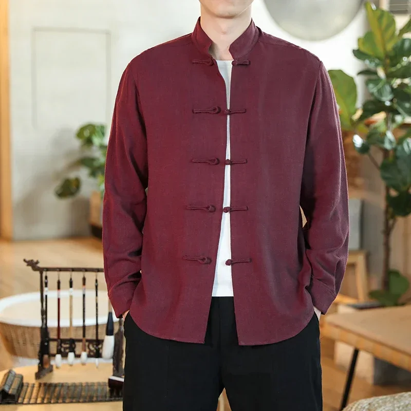 남성용 중국 전통 당나라 정장 한푸 기모노 셔츠, 단색 가디건, 치파오 칼라, 캐주얼 재킷, 레트로 버튼 탑