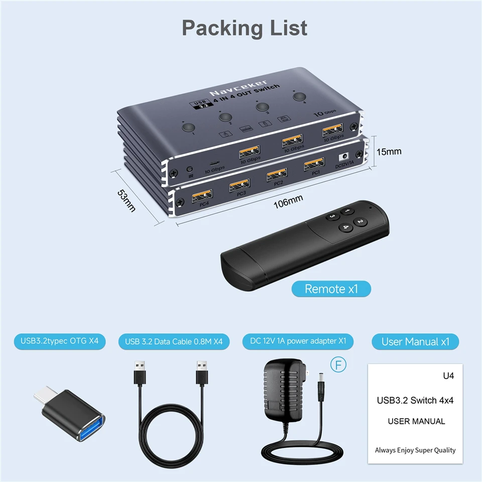 Navceker KVM USB C Switch with Controller 4 Computers Share 4 10Gbps USB 3.2 Gen