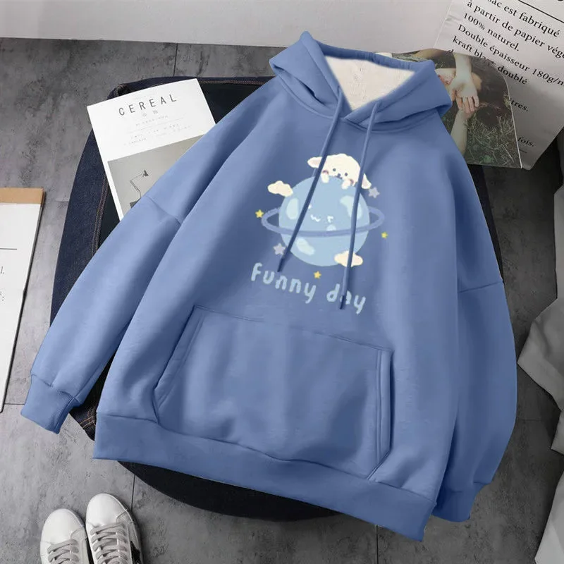 

Cute Cartoon Printed Fleece Thick Hooded Sweatshirts Women Autumn Winter Loose Casual Pullovers Student Fashion Leisure Outwears