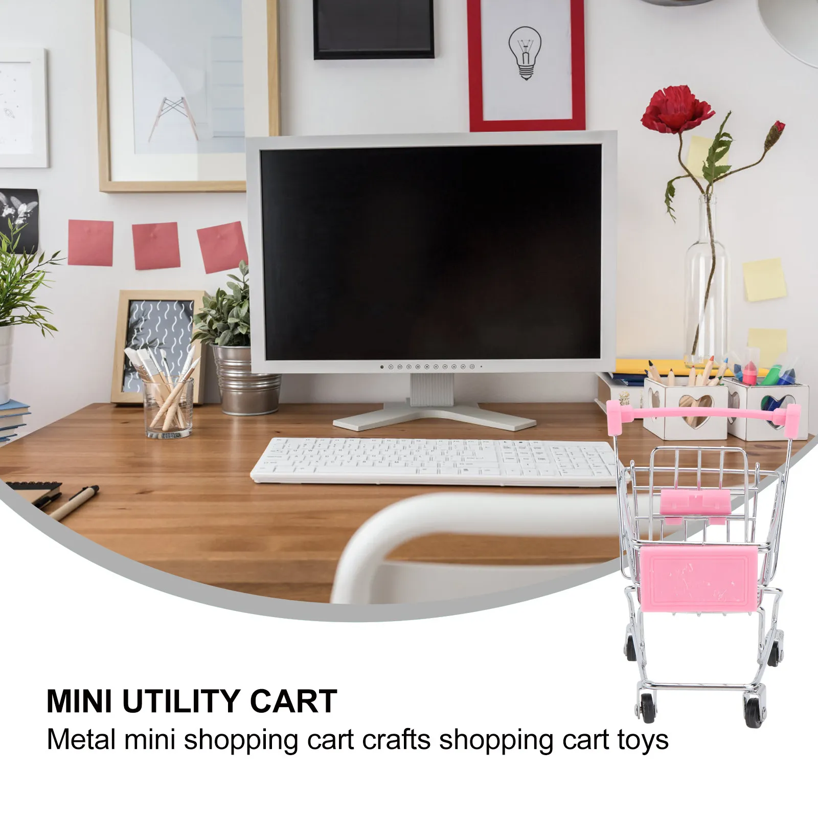 3Pcs 미니 쇼핑 카트 어린이 놀이용 철제 화장품 보관 식료품 카트 핑크 퍼플 그린 사무실 책상 정리함