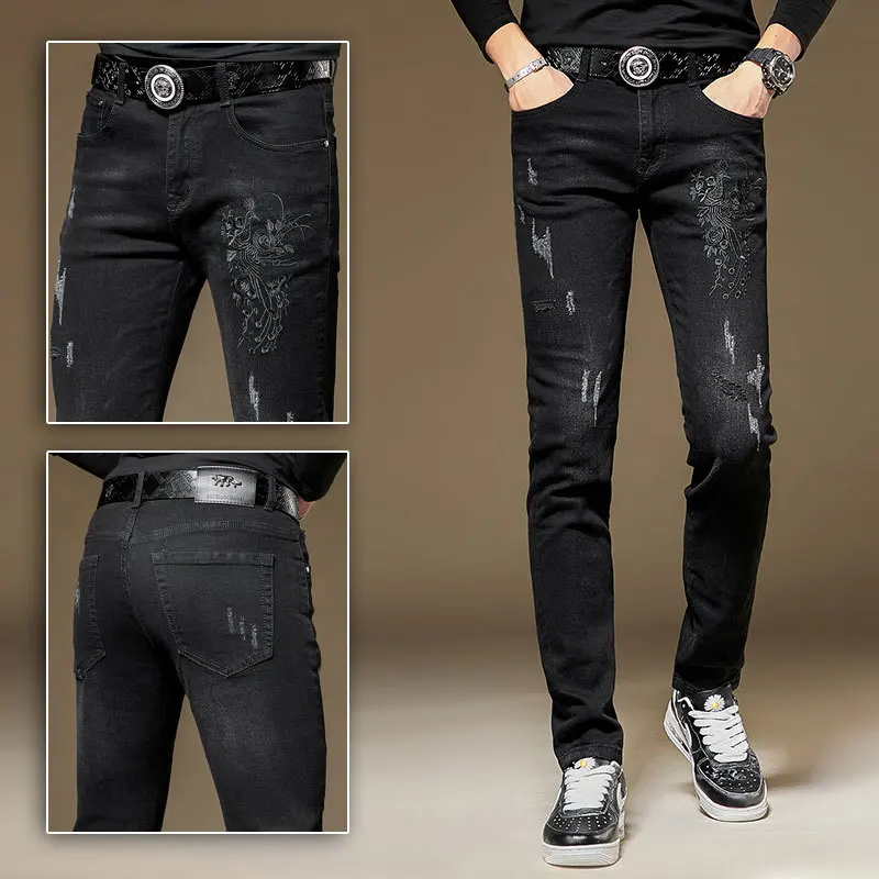 EH · MD® Heavy Industry Embroidered Jeans Men's Rose Double Crane Crane Chinese Style Slim Small Foot Stretch Youth Long Pants