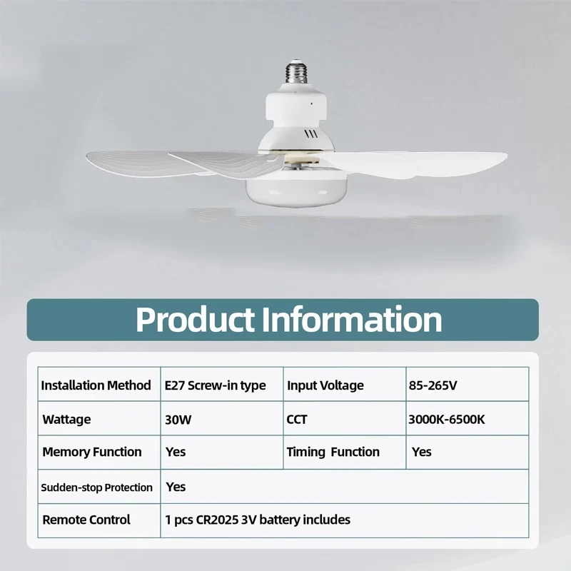 LED 30W ceiling fan light E27 with remote control for living room, study, household use, 85-265V bulb Living Room Study Room 6