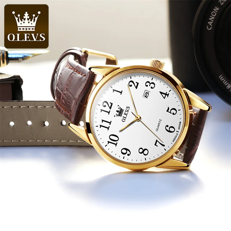 OLEVS Brand Lovers Watch Fashion Leather Waterproof Calendar Casual Simple Couple Quartz Watches for Men Women Elegant Clock