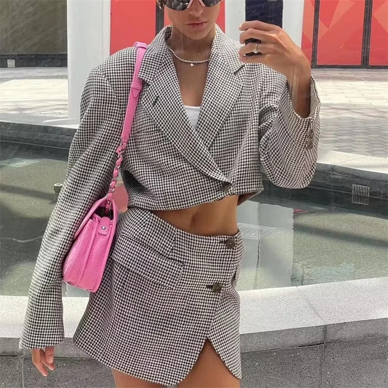 

Girls Fashion Black White Houndstooth Blazer Suit 2023 Autumn Woman High Street Crop Blazers Suits Chic Mini Skirt Matching Sets