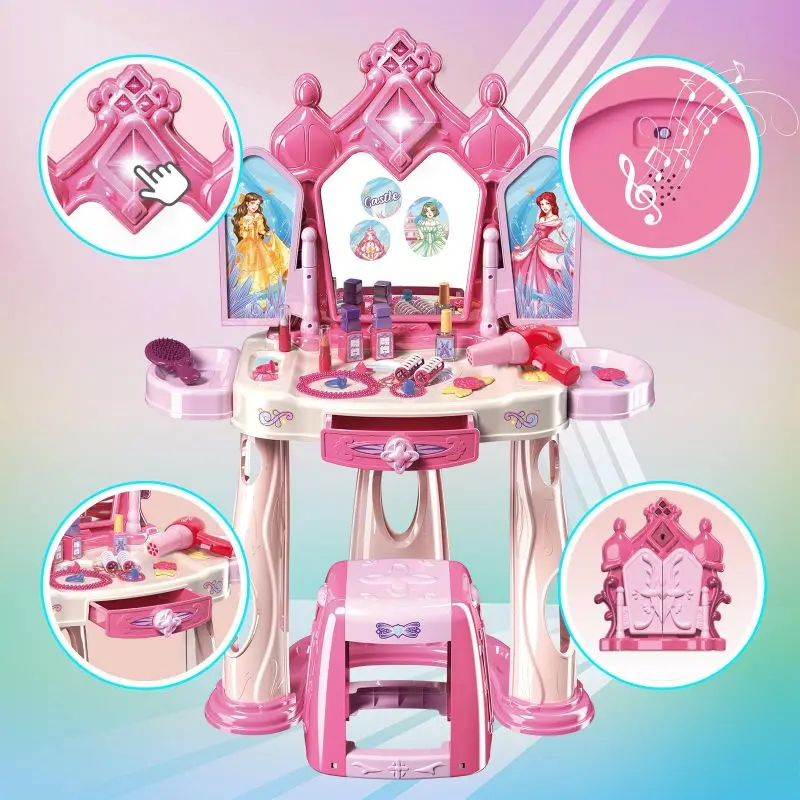 Girls Makeup Table Set with Stool,Open Doors by Gestures,Kids Vanity Set with Lights and Music,Christmas for Toddlers 3 4 5 6-12