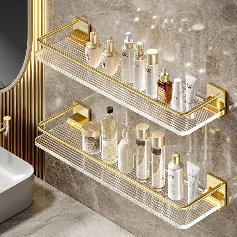 Bathroom Wall Hanging Punch-free Towel Shelving Washroom Toiletries Organizing Rack Kitchen Acrylic Gold Storage Rack 5