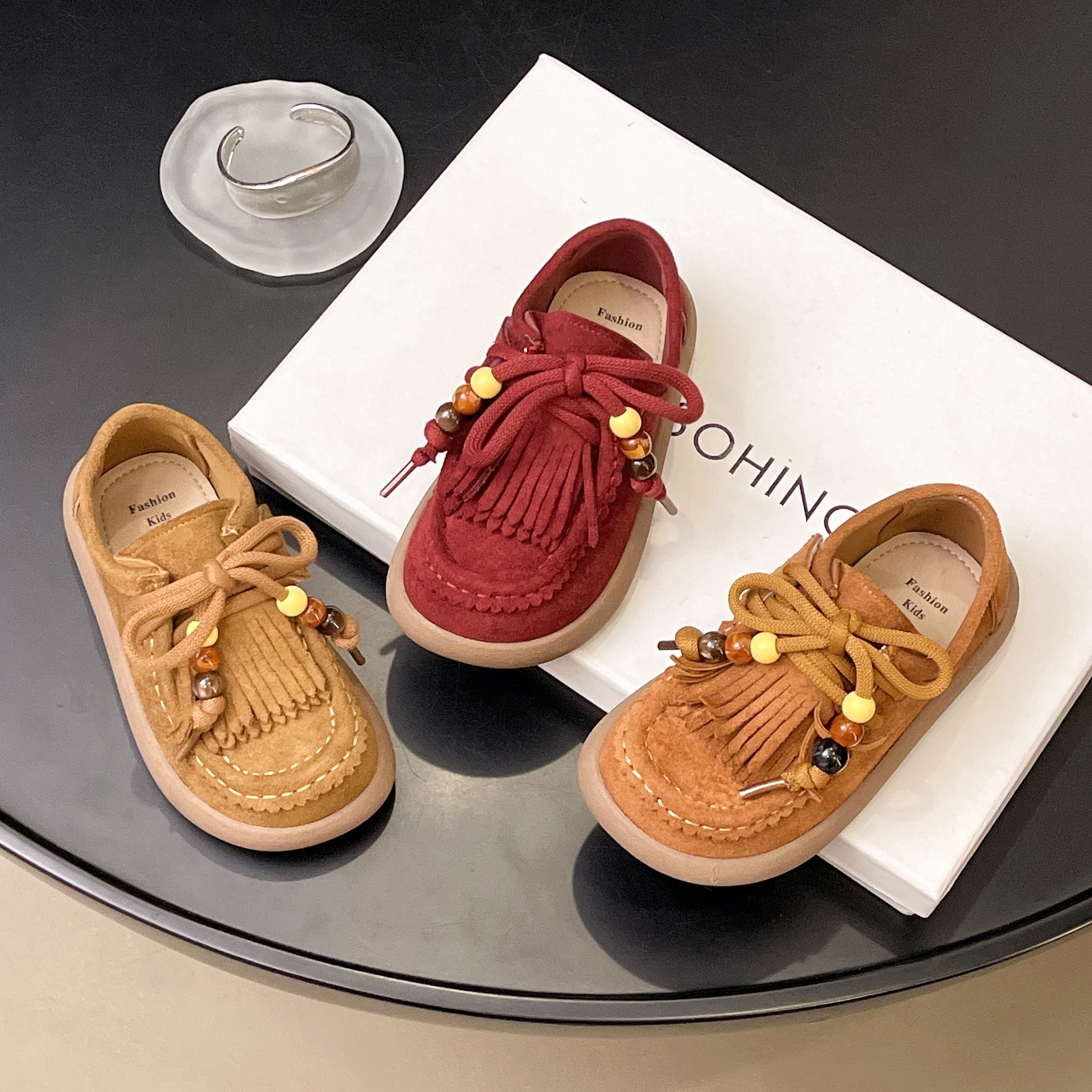 Suede Leather Kids Loafers with Tassels for Boys and Girls