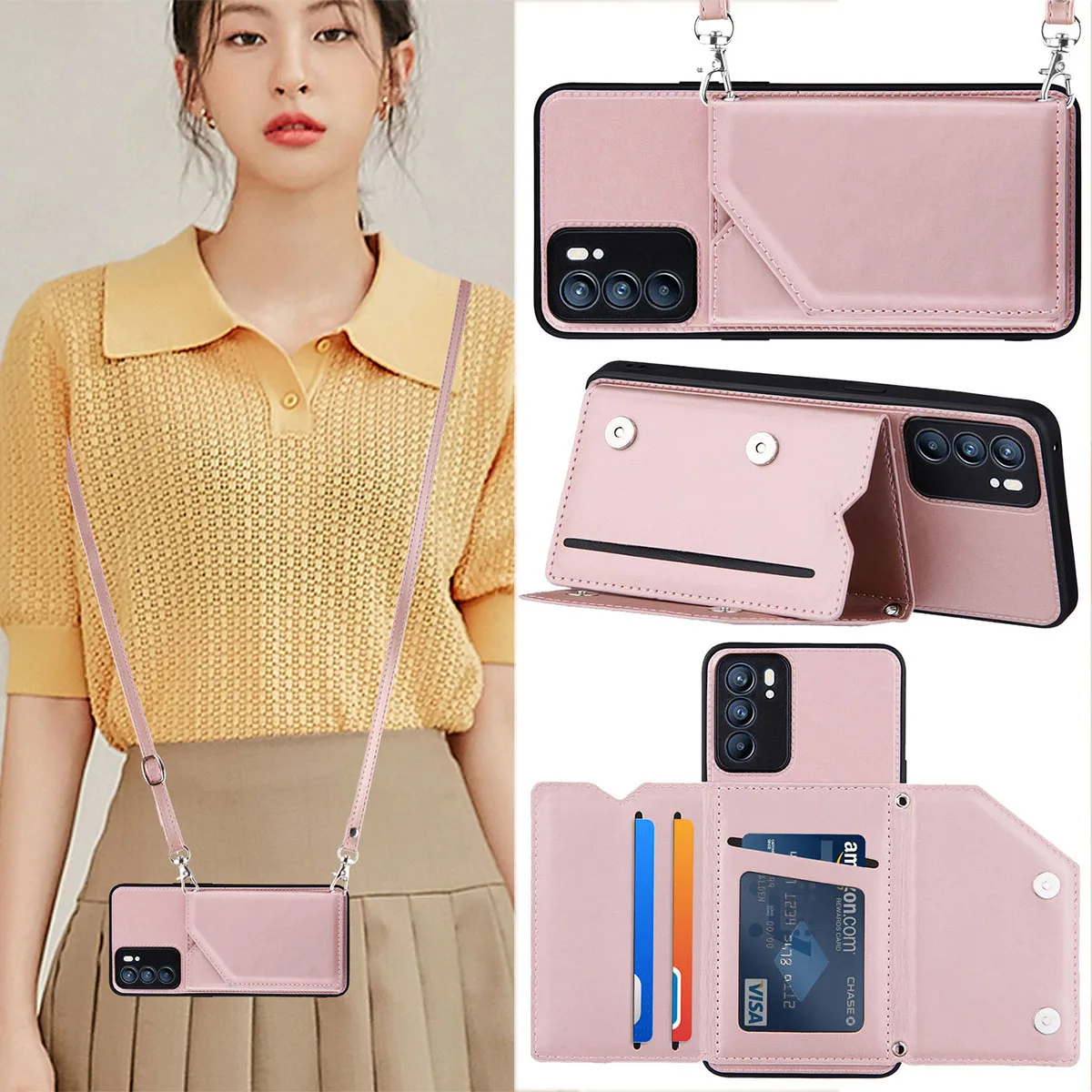 

Wallet Purse for OPPO Reno 6 Pro Plus 5G Realme 8i 8 A95 A94 A74 F19 Crossbody Case with Card Holder Women Lanyard Strap Leather