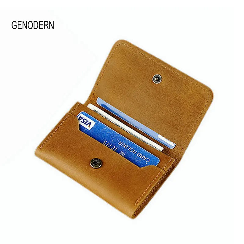 GENODERN Men's Cowhide Card Holder Crazy Horse Leather Slim Wallet with Button for Cards & Cash Stylish Credit Card Holders