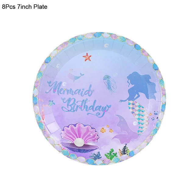 Mermaid Birthday Party Disposable Tableware Set Under The Sea Party Little Mermaid Girls 1st Birthday Decoration Shell Balloons 8pcs 7inch plate