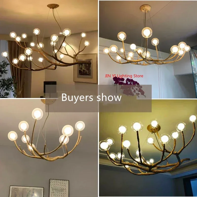 Simulation Resin Iron Tree Branch Glass Bubble Led Retro Pendant Chandelier For Living Room Decor Hanging Lighting
