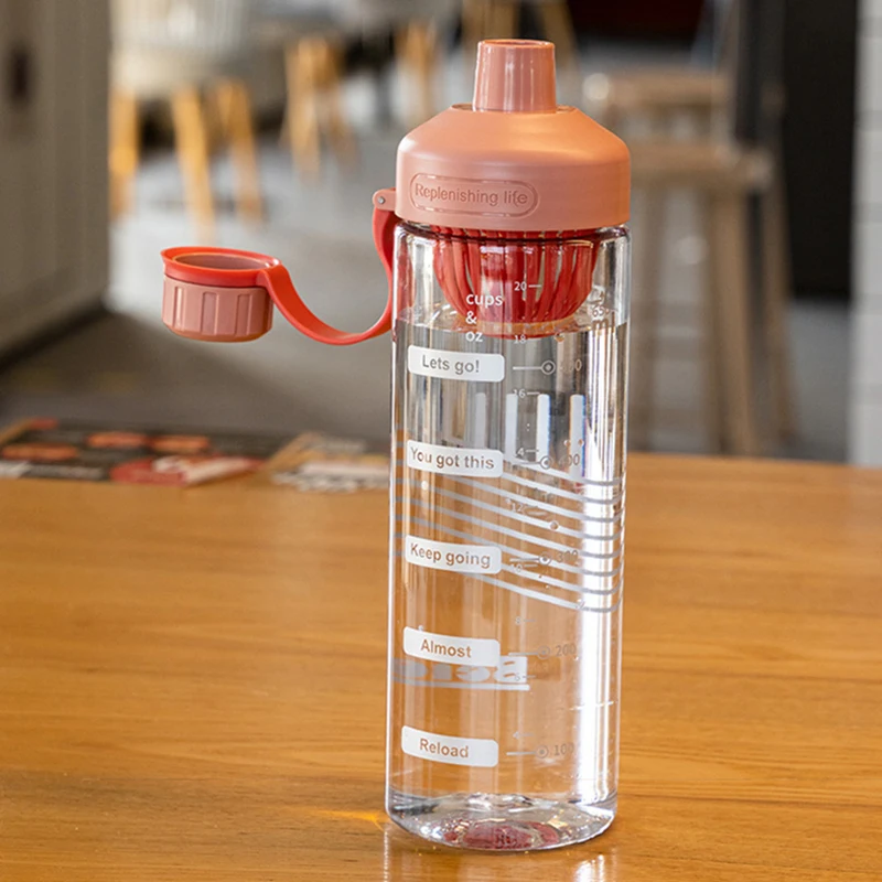 Large Capacity Water Bottle With Tea Divider Cup Plastic Water Cup Time Scale Frosted Outdoor Sports Gym Student Couple Girl
