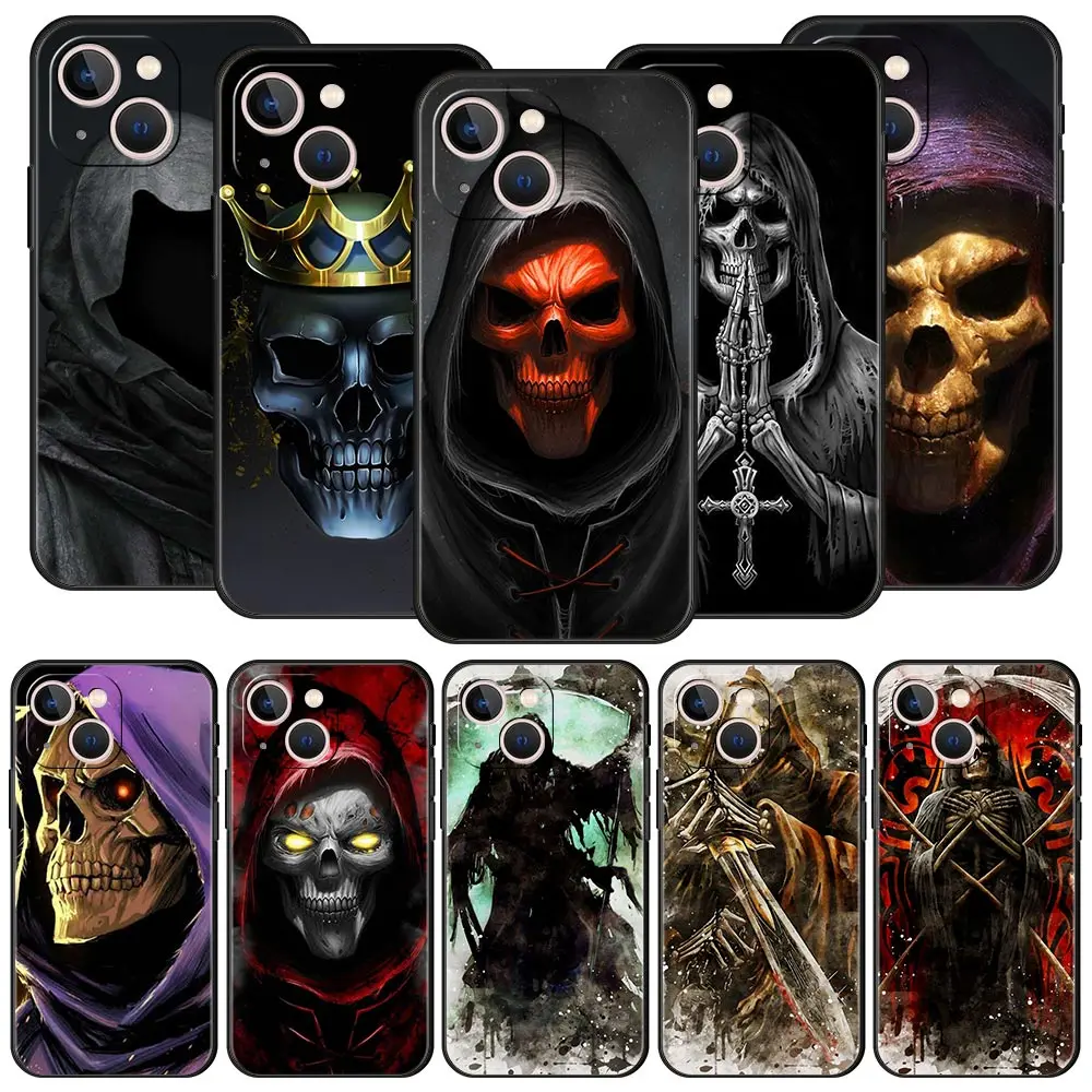 

Grim Reaper Skull Skeleton Phone Case For Apple iPhone 11 15 14 Pro MAX 12 13 7 8 Plus X XR XS MAX SE Silicone Black Cover