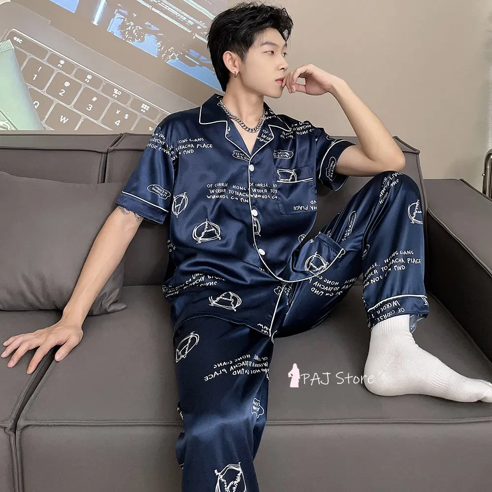 2PCS Men's Silk Shorts Pajamas Satin Pants Thick Silk Sleepwear Summer Male  Pajama Pants Soft Nightwear Satin Sleeping Shorts