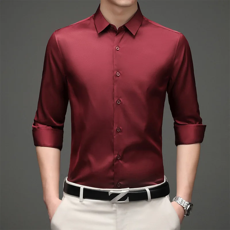 Business Casual Party Social Shirt Men's Long Sleeve Anti-wrinkle No-Iron Stretch Slim Color Fashion Trendy Men's Clothing