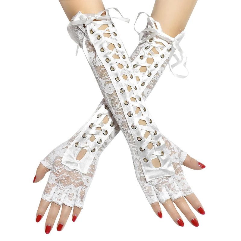 

Women Gloves Long Fishnet Mesh Gloves Arm Sleeve Lace Bandage Half-Finger Gloves Satin Ribbon Ties Up Cool Gothic Punk Gloves