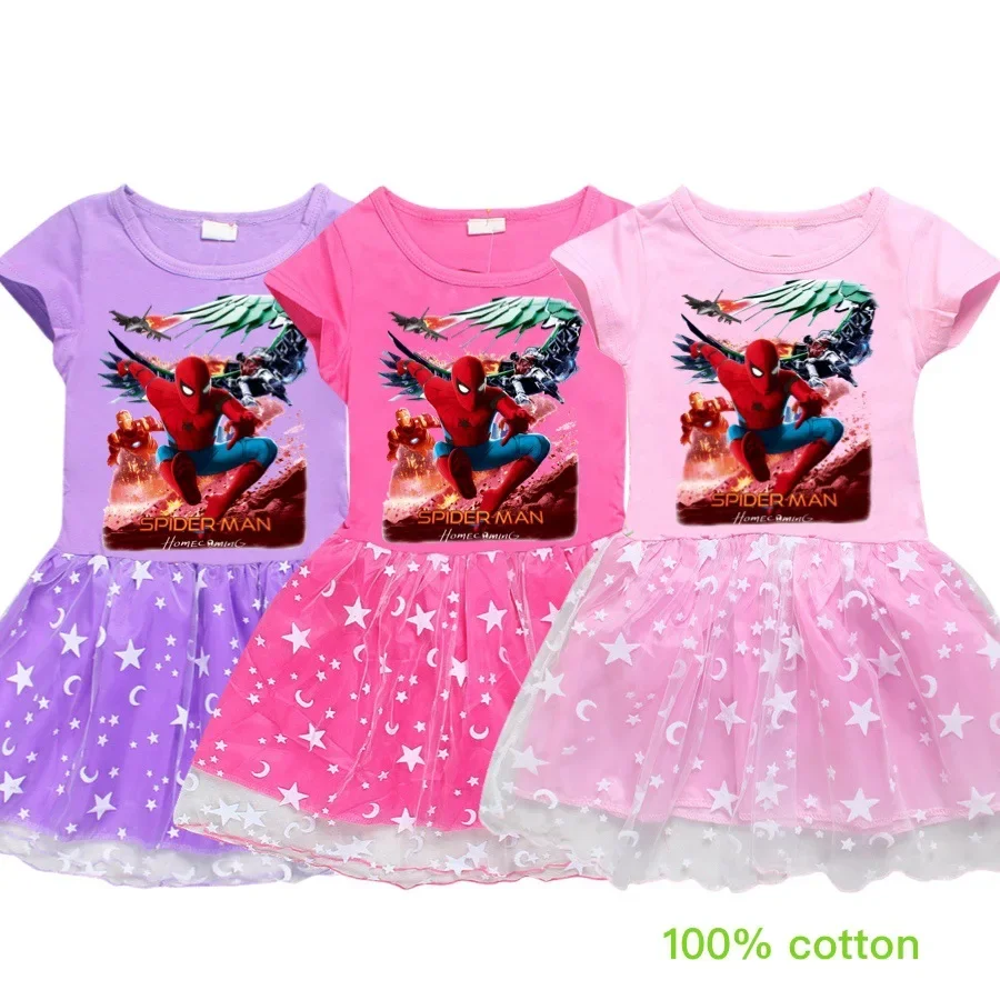 Children Dress Summer Children Elegant Dress Cartoon Popular Hero Spiderman Print Girls Princess Dress Kid Baby Cotton Short Sleeve Kid Clothes