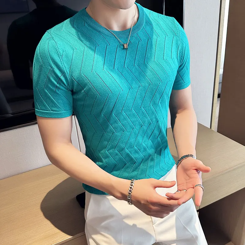 Summer Thin Ice Silk Knitted Polo Shirts Mens Elasticity Mesh Casual T  Shirt Male Short Sleeve O-Neck Slim Fit Breathable Polos