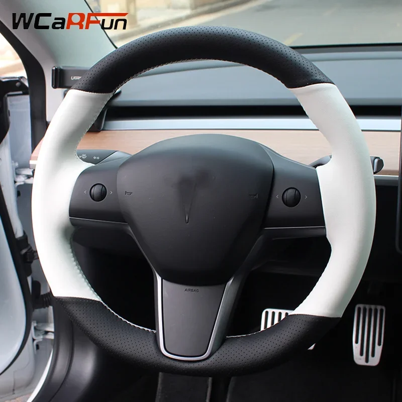

WCaRFun Black Leather White Car Steering Wheel Cover For Tesla Model 3 2017 2018 2019 Car Accessories