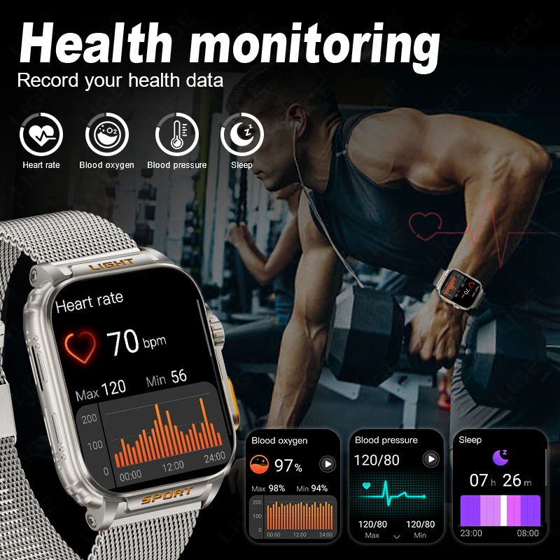 LIGE Smart Watch With LED Flashlight Blood Pressure Health Monitor BT Call 430mAh Battery Sport Fitness Outdoor Men's Smartwatch