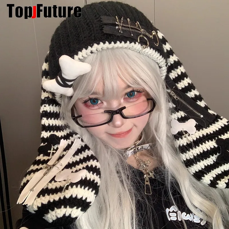 

Women Harajuku Gothic Lolita Bunny Ear Hat Designer furry Winter Beanie Hat Female Y2K Girls rabbit ear ziper punk cute hat